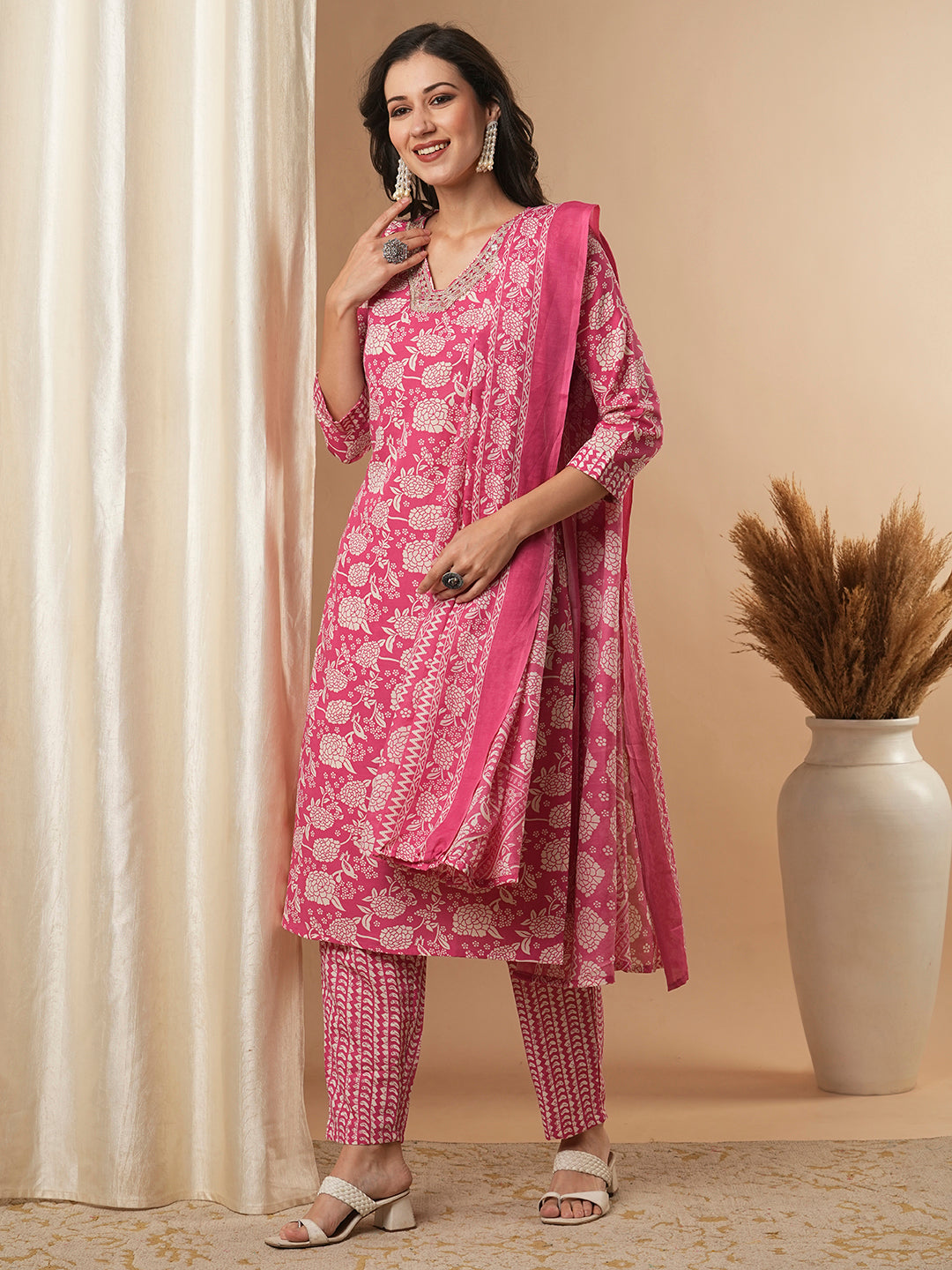 Floral Printed & Embroidered Straight Fit Kurta with Pant & Dupatta - Pink