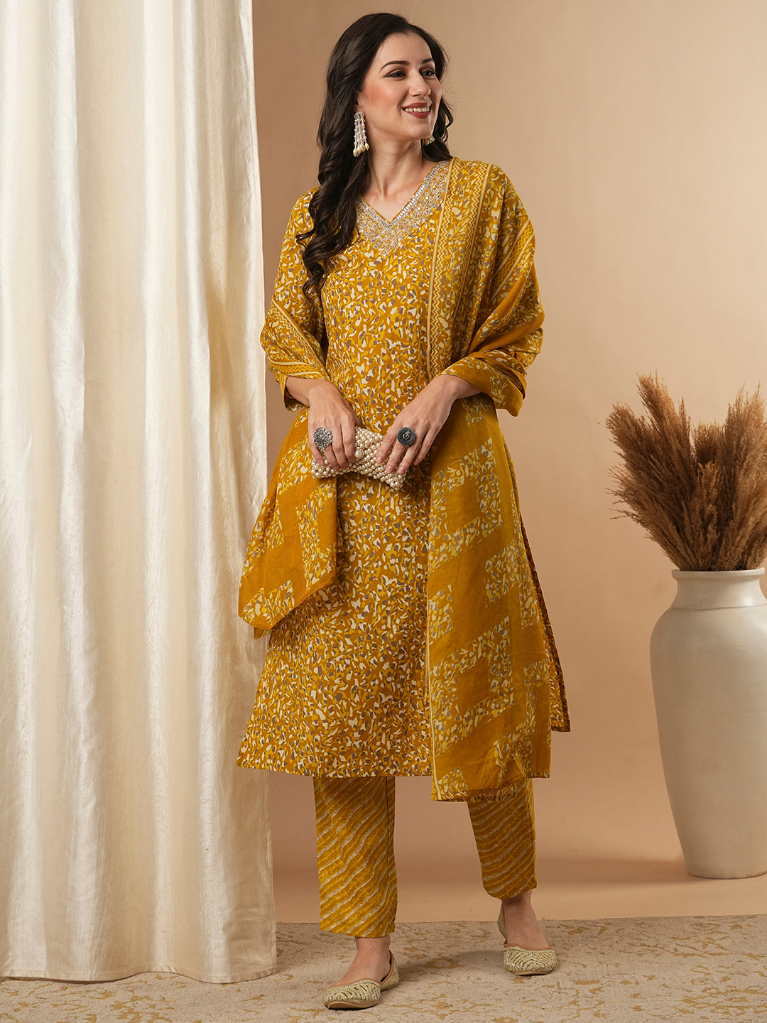 Ethnic Printed & Embroidered Straight Kurta with Pant and Dupatta - Mustard