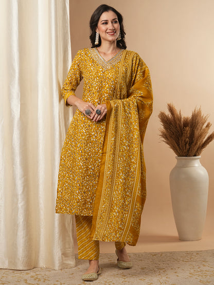 Ethnic Printed & Embroidered Straight Kurta with Pant and Dupatta - Mustard