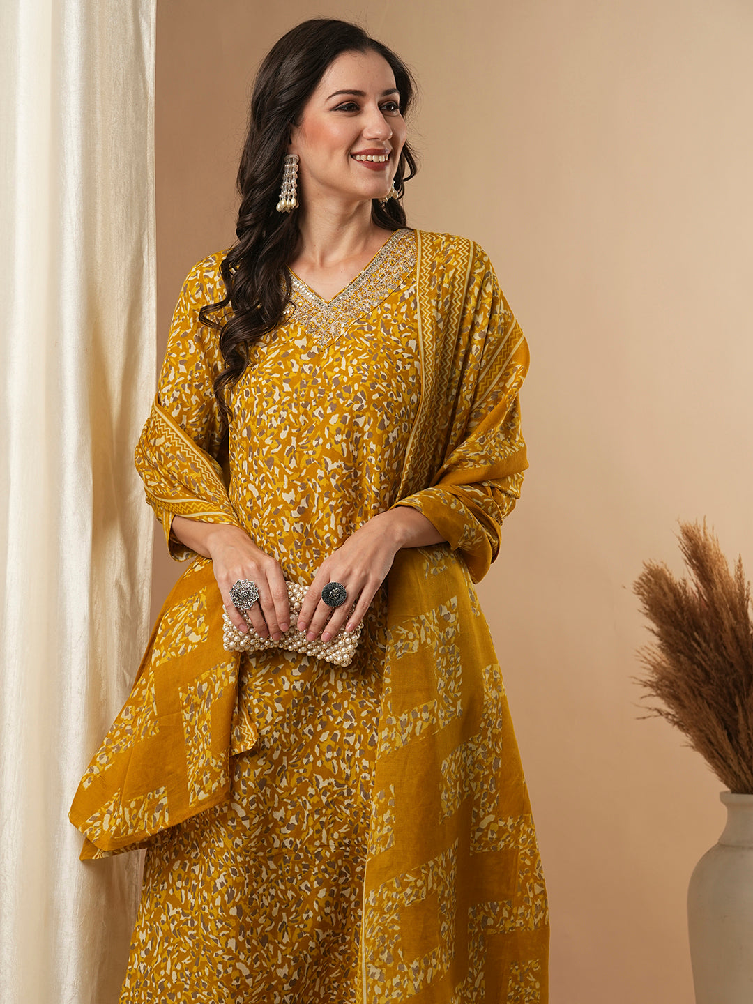 Ethnic Printed & Embroidered Straight Kurta with Pant and Dupatta - Mustard