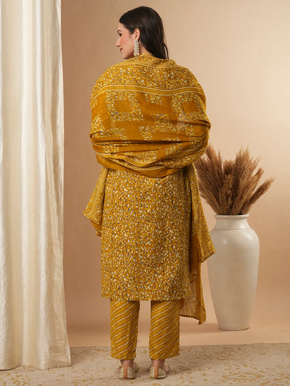 Ethnic Printed & Embroidered Straight Kurta with Pant and Dupatta - Mustard