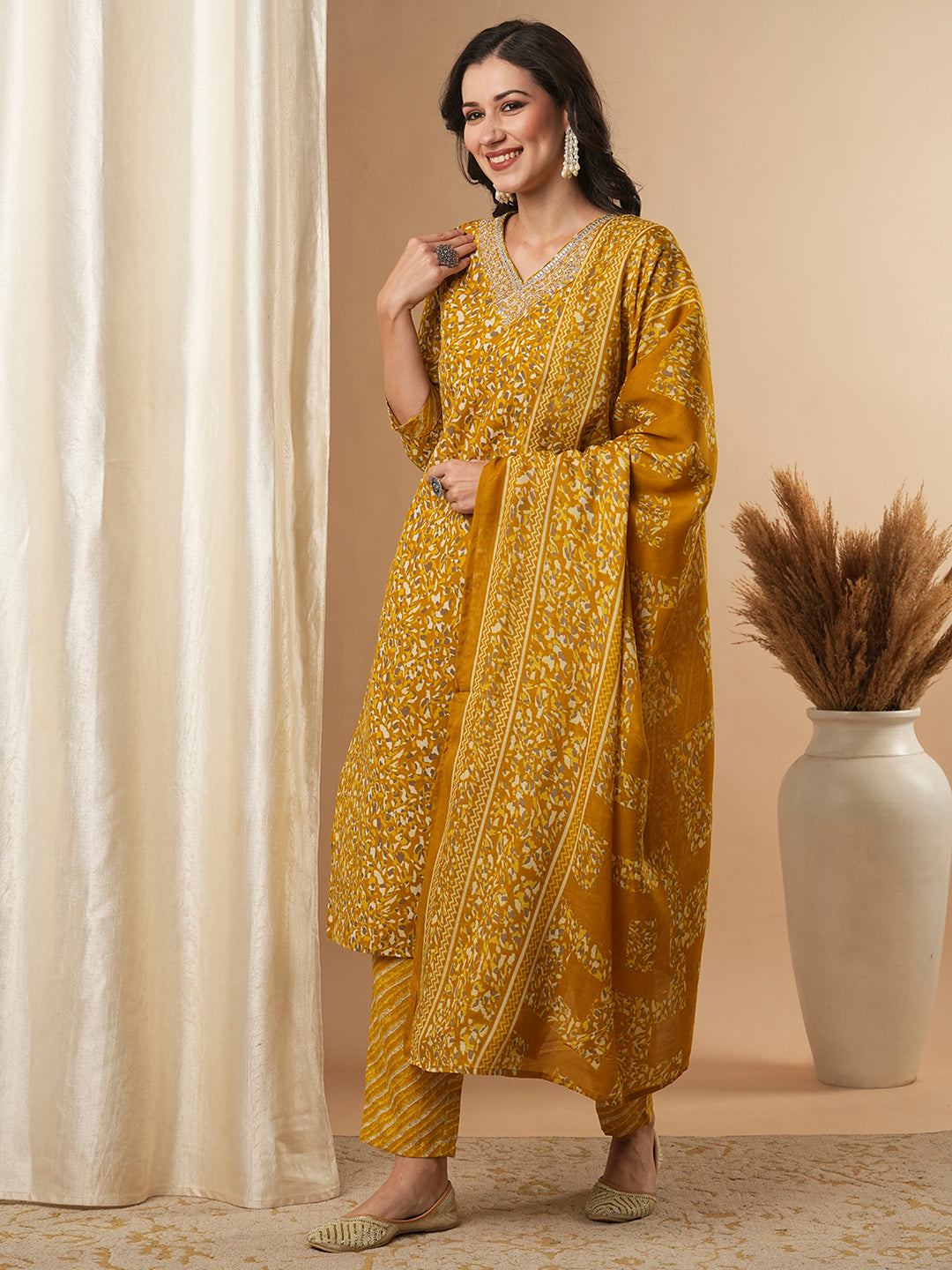 Ethnic Printed & Embroidered Straight Kurta with Pant and Dupatta - Mustard