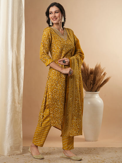 Ethnic Printed & Embroidered Straight Kurta with Pant and Dupatta - Mustard