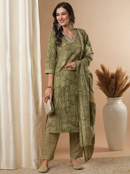 Ethnic Printed & Embroidered Straight Kurta with Pant and Dupatta - Green