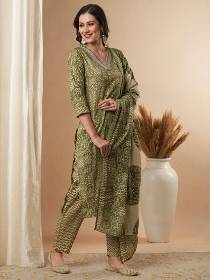 Ethnic Printed & Embroidered Straight Kurta with Pant and Dupatta - Green