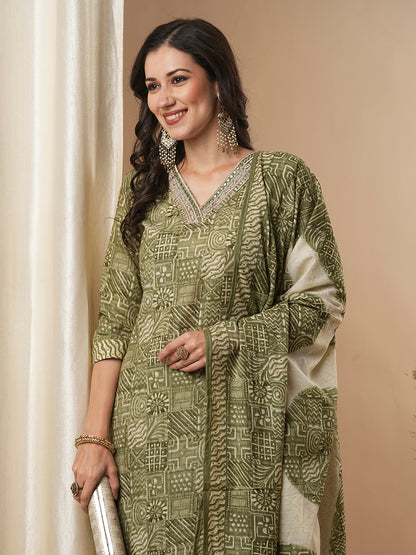 Ethnic Printed & Embroidered Straight Kurta with Pant and Dupatta - Green