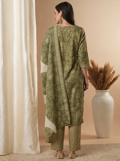 Ethnic Printed & Embroidered Straight Kurta with Pant and Dupatta - Green