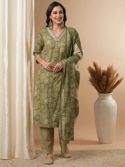 Ethnic Printed & Embroidered Straight Kurta with Pant and Dupatta - Green