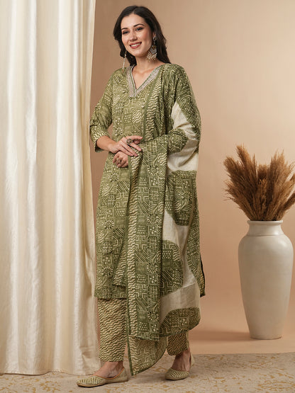 Ethnic Printed & Embroidered Straight Kurta with Pant and Dupatta - Green