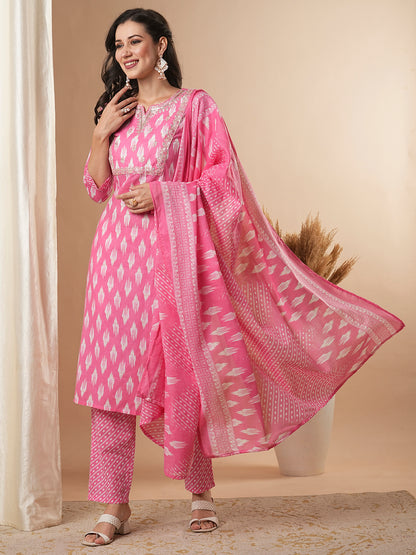 Ethnic Ikat Printed & Embroidered Straight Kurta with Pant and Dupatta - Pink