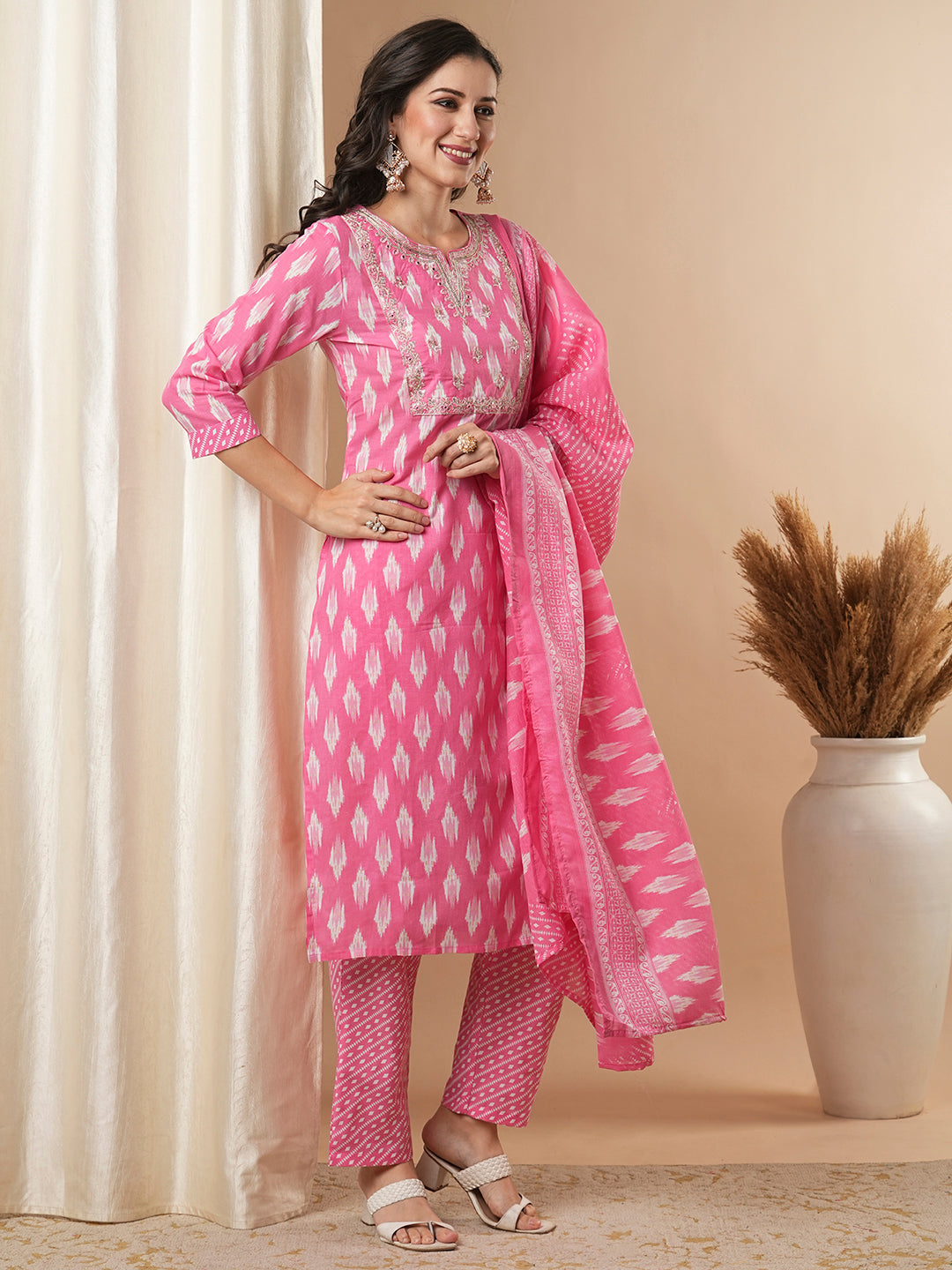 Ethnic Ikat Printed & Embroidered Straight Kurta with Pant and Dupatta - Pink