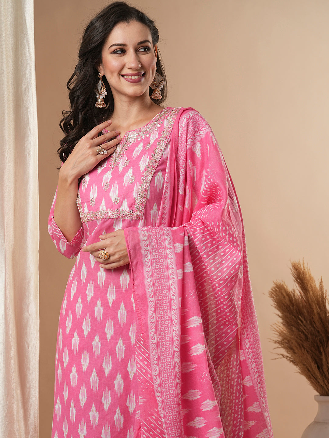 Ethnic Ikat Printed & Embroidered Straight Kurta with Pant and Dupatta - Pink