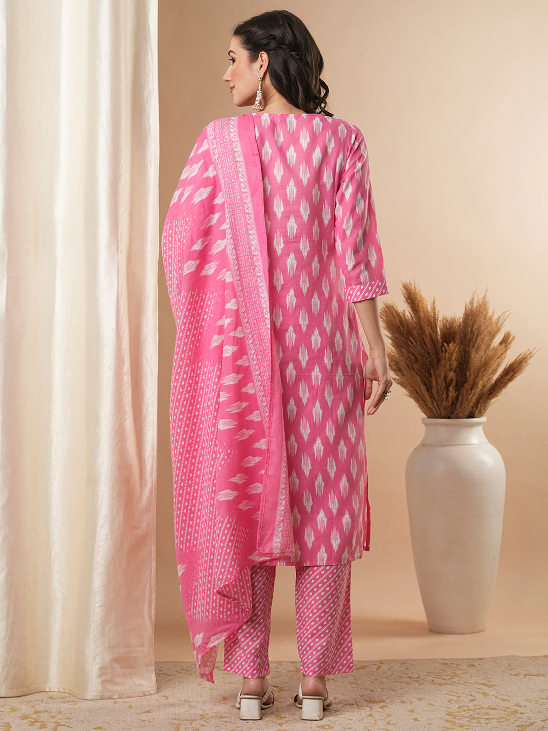 Ethnic Ikat Printed & Embroidered Straight Kurta with Pant and Dupatta - Pink