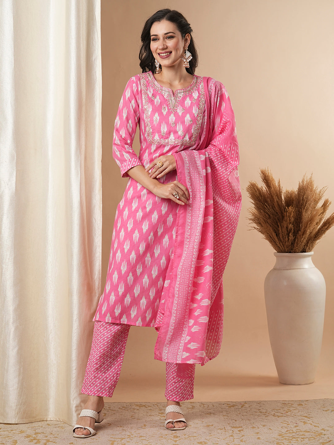 Ethnic Ikat Printed & Embroidered Straight Kurta with Pant and Dupatta - Pink