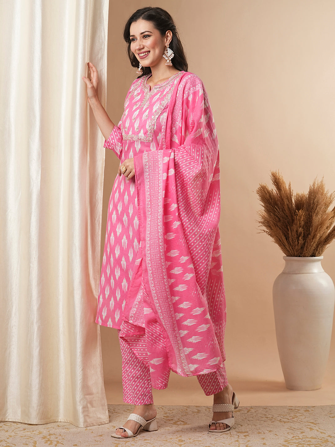 Ethnic Ikat Printed & Embroidered Straight Kurta with Pant and Dupatta - Pink