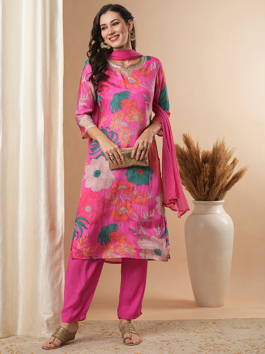 Floral Printed & Embroidered Straight Kurta with Pant and Dupatta - Pink