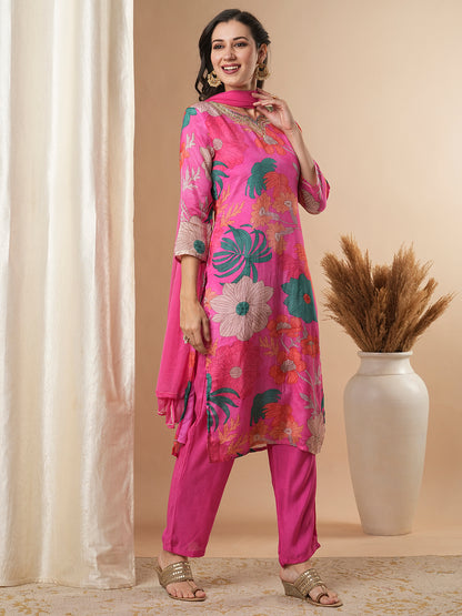 Floral Printed & Embroidered Straight Kurta with Pant and Dupatta - Pink