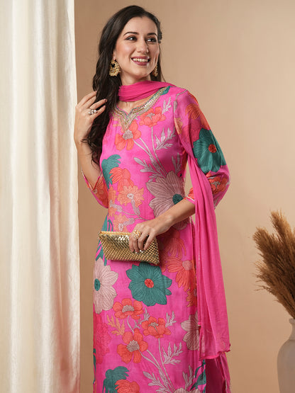 Floral Printed & Embroidered Straight Kurta with Pant and Dupatta - Pink