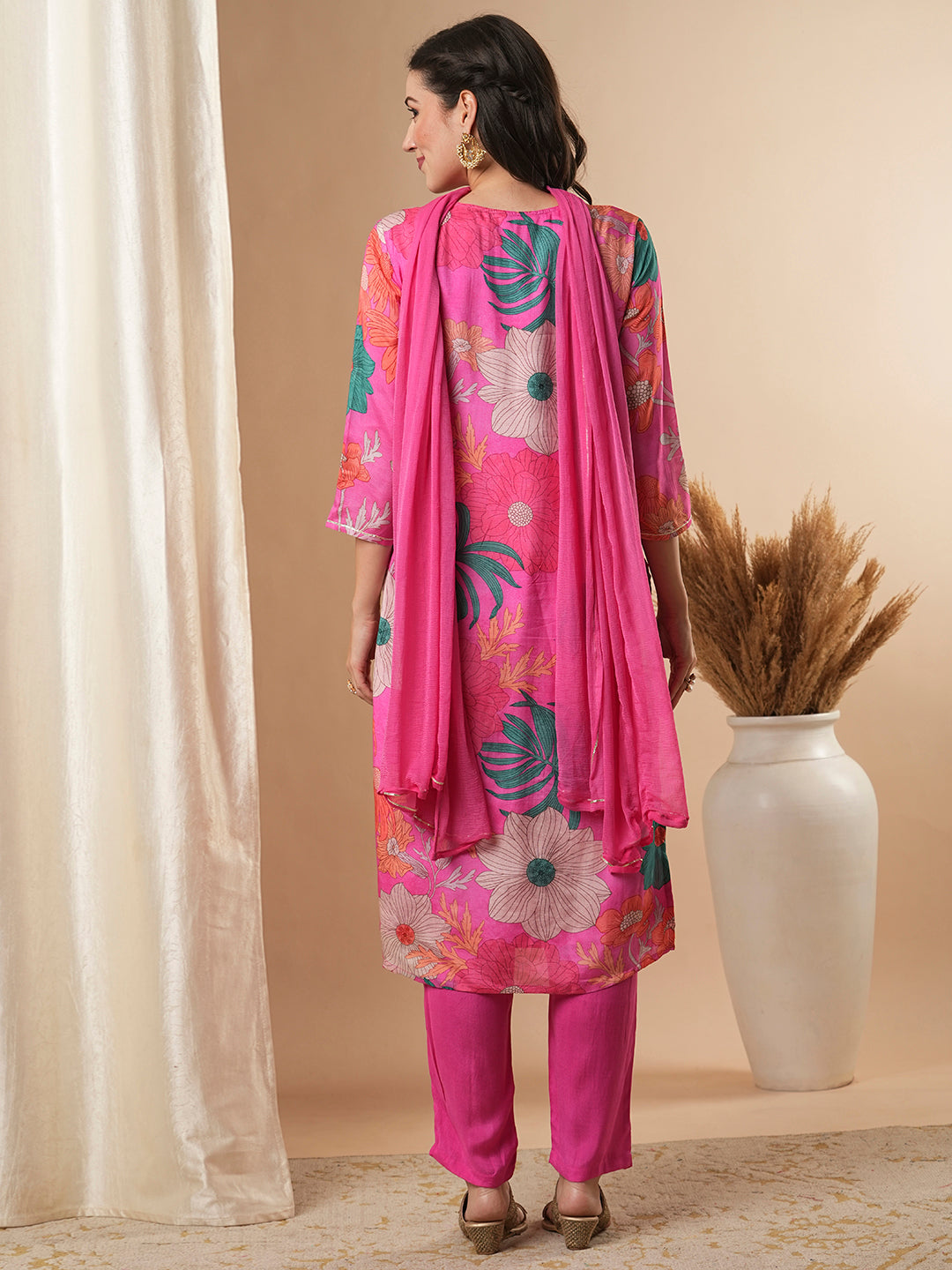 Floral Printed & Embroidered Straight Kurta with Pant and Dupatta - Pink