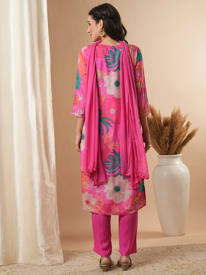 Floral Printed & Embroidered Straight Kurta with Pant and Dupatta - Pink