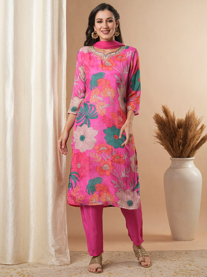 Floral Printed & Embroidered Straight Kurta with Pant and Dupatta - Pink