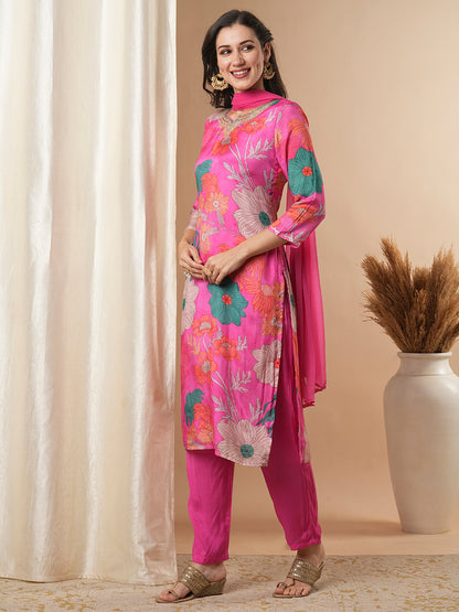 Floral Printed & Embroidered Straight Kurta with Pant and Dupatta - Pink