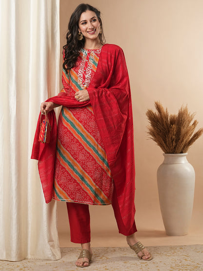 Ethnic Printed & Embroidered Straight Fit Kurta with Pant and Dupatta - Multi