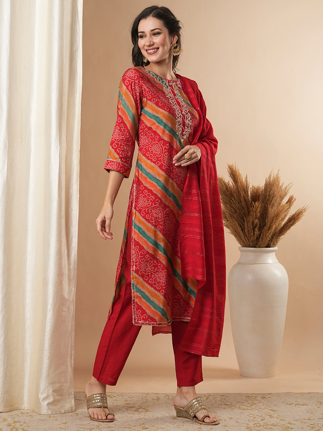 Ethnic Printed & Embroidered Straight Fit Kurta with Pant and Dupatta - Multi