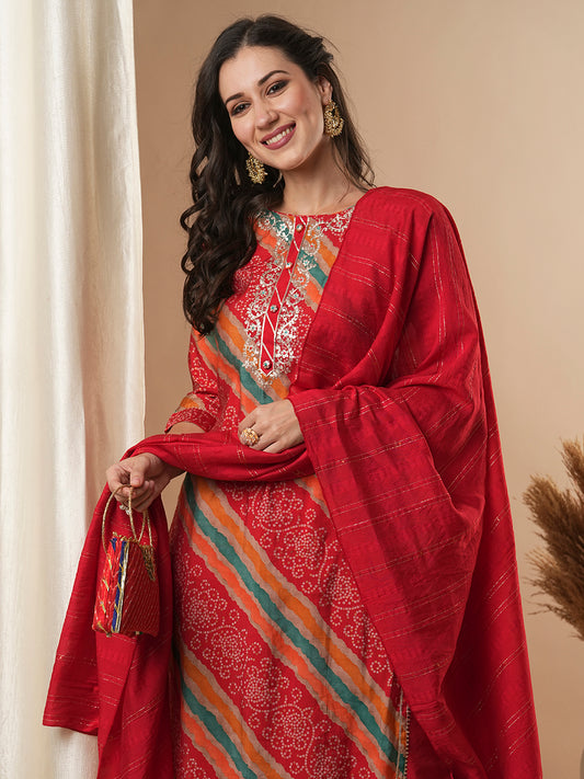 Ethnic Printed & Embroidered Straight Fit Kurta with Pant and Dupatta - Multi