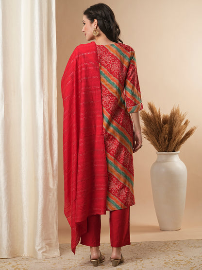 Ethnic Printed & Embroidered Straight Fit Kurta with Pant and Dupatta - Multi