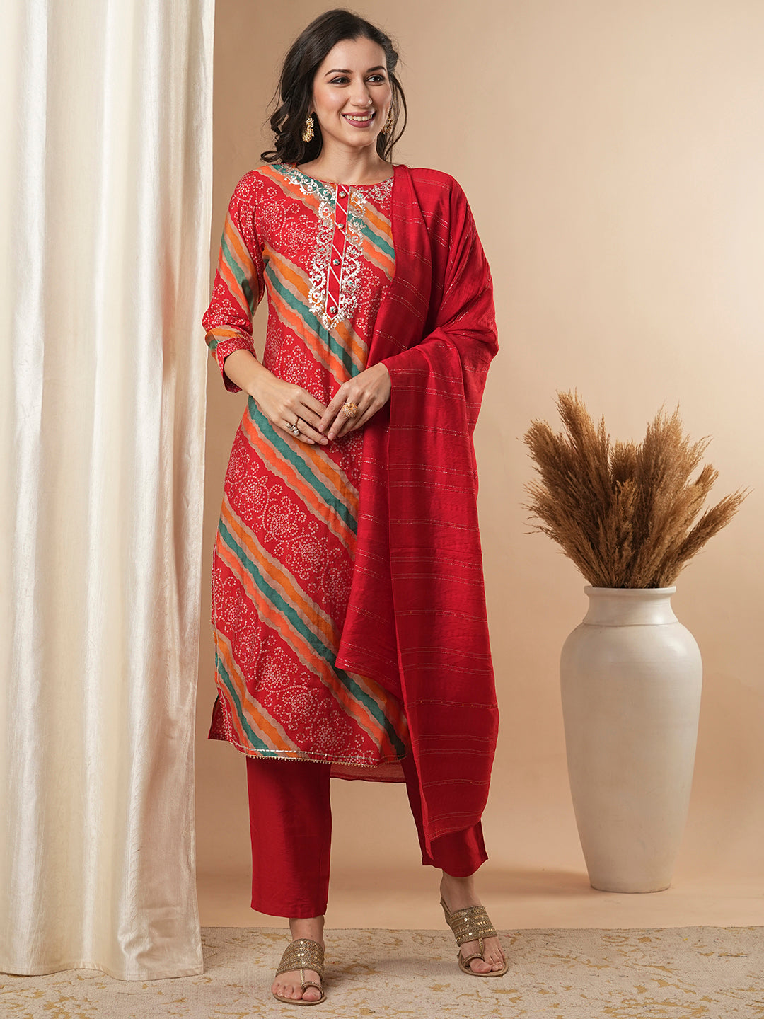 Ethnic Printed & Embroidered Straight Fit Kurta with Pant and Dupatta - Multi