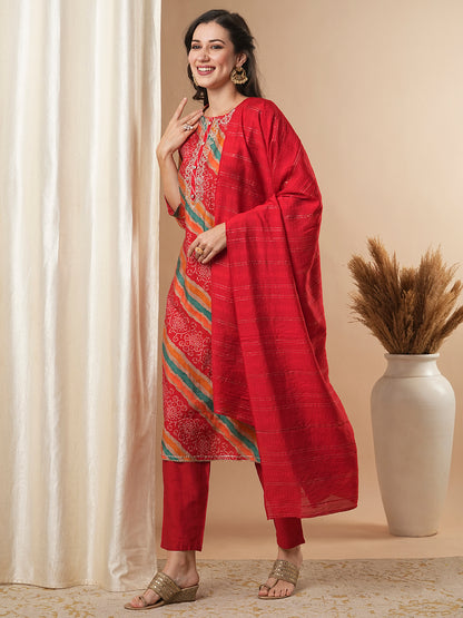 Ethnic Printed & Embroidered Straight Fit Kurta with Pant and Dupatta - Multi