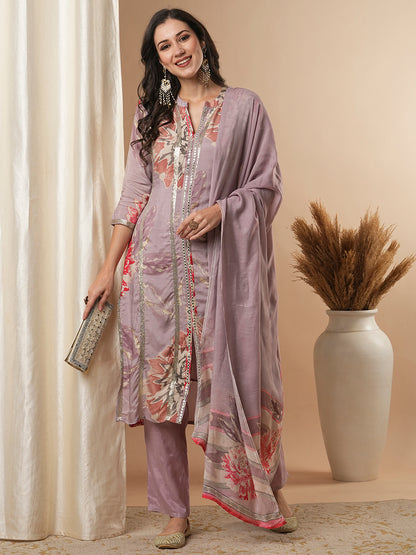 Abstract Floral Printed Embroidered Straight Fit Kurta with Pant and Dupatta - Lavender