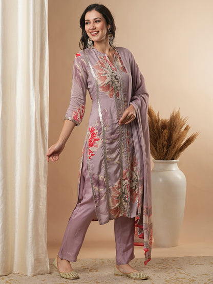 Abstract Floral Printed Embroidered Straight Fit Kurta with Pant and Dupatta - Lavender