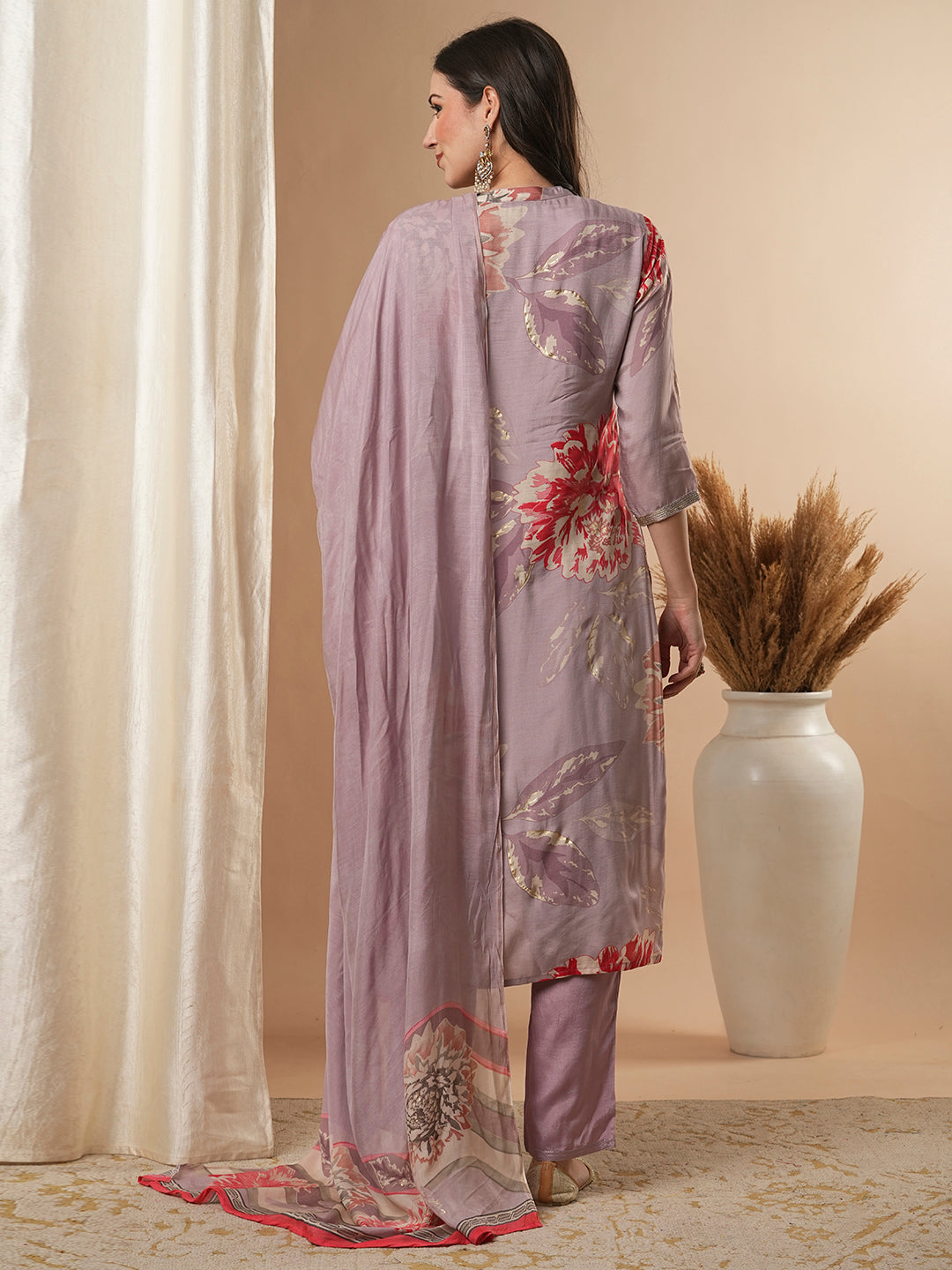 Abstract Floral Printed Embroidered Straight Fit Kurta with Pant and Dupatta - Lavender