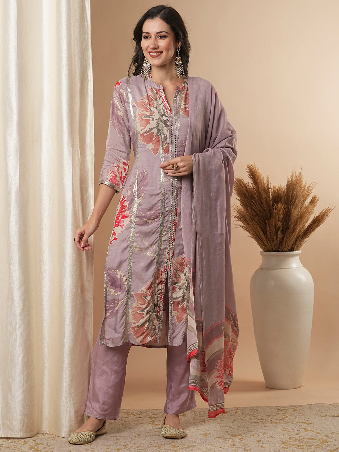 Abstract Floral Printed Embroidered Straight Fit Kurta with Pant and Dupatta - Lavender