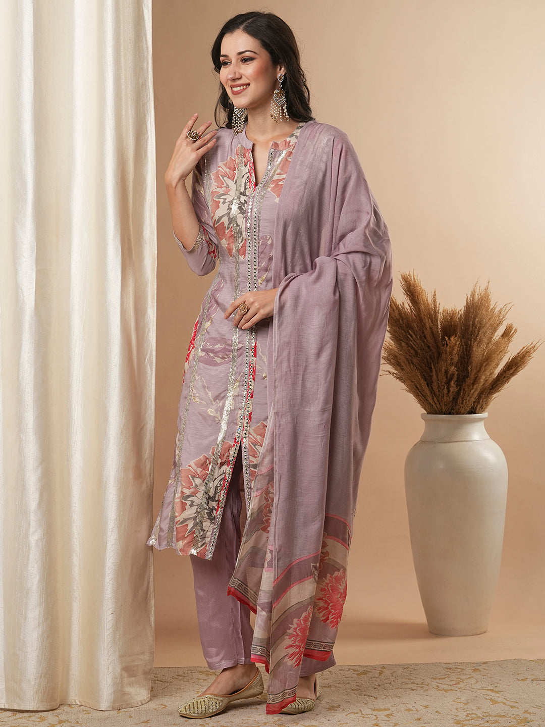 Abstract Floral Printed Embroidered Straight Fit Kurta with Pant and Dupatta - Lavender