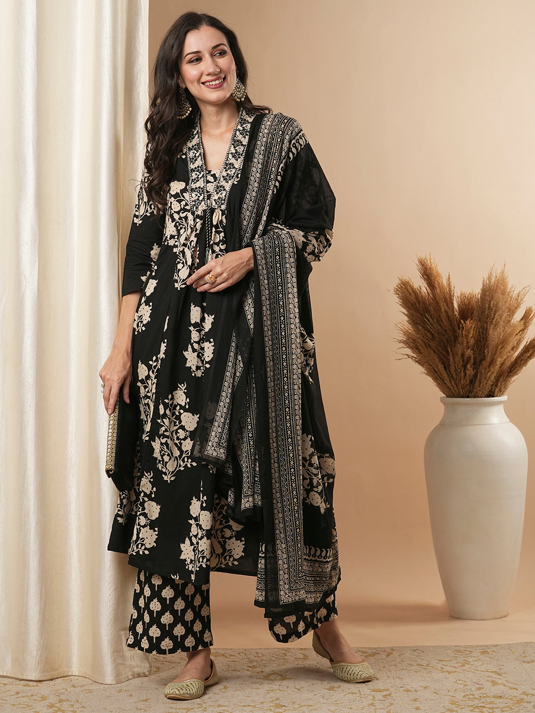 Floral Printed & Embroidered A-Line Paneled Kurta with Palazzo & Dupatta - Black