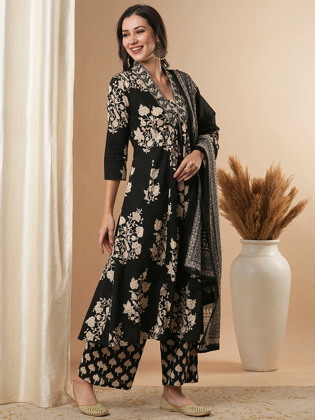 Floral Printed & Embroidered A-Line Paneled Kurta with Palazzo & Dupatta - Black