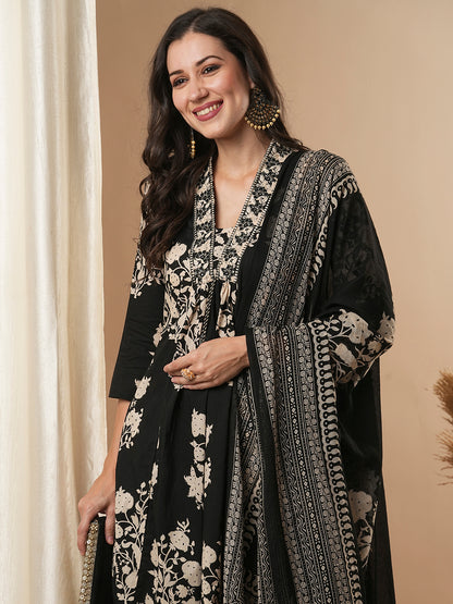 Floral Printed & Embroidered A-Line Paneled Kurta with Palazzo & Dupatta - Black