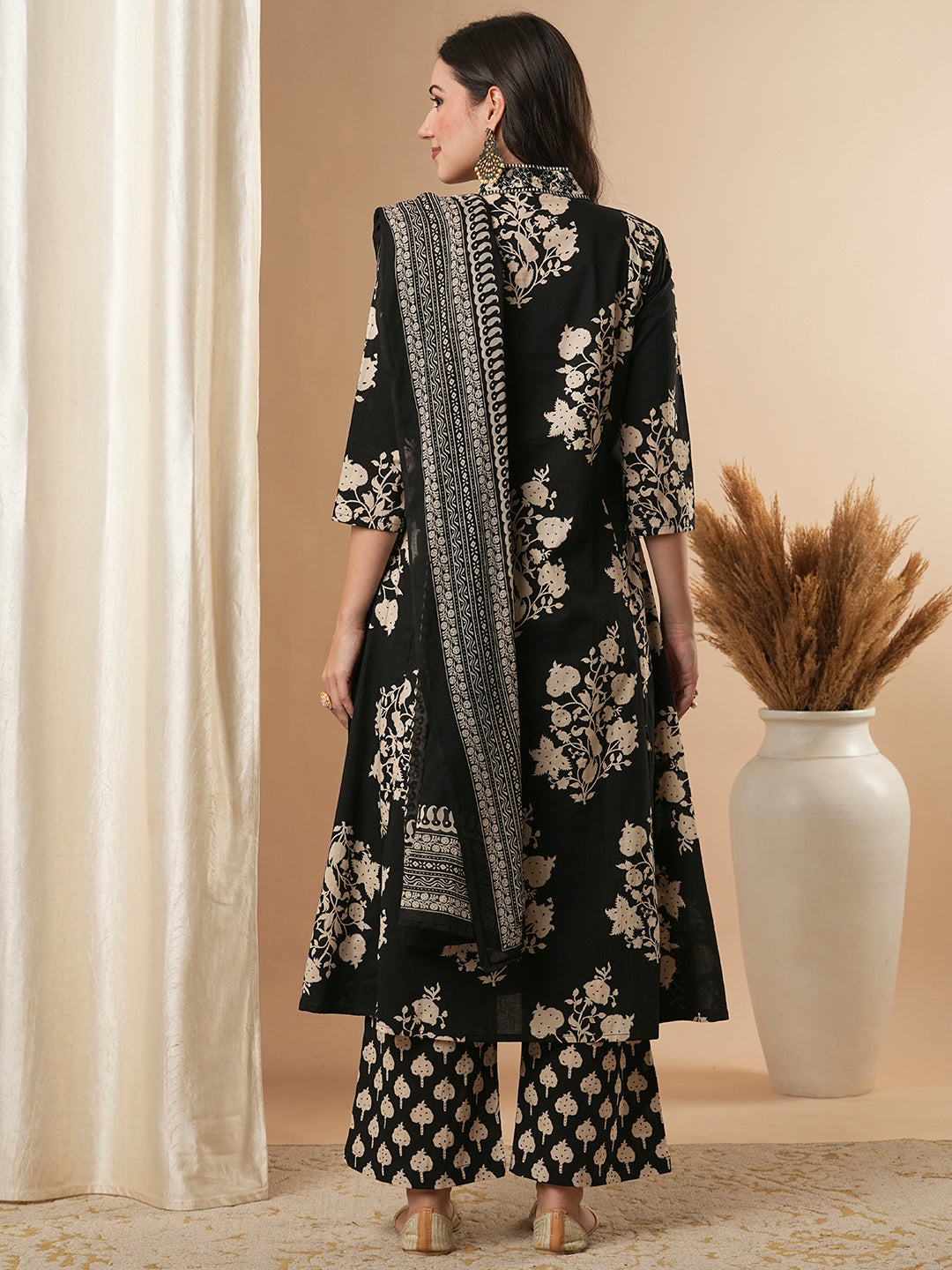 Floral Printed & Embroidered A-Line Paneled Kurta with Palazzo & Dupatta - Black