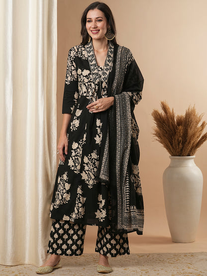 Floral Printed & Embroidered A-Line Paneled Kurta with Palazzo & Dupatta - Black