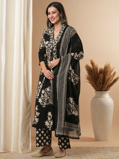 Floral Printed & Embroidered A-Line Paneled Kurta with Palazzo & Dupatta - Black