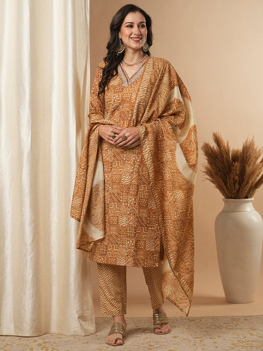 Ethnic Printed & Embroidered Straight Kurta with Pant & Dupatta - Brown