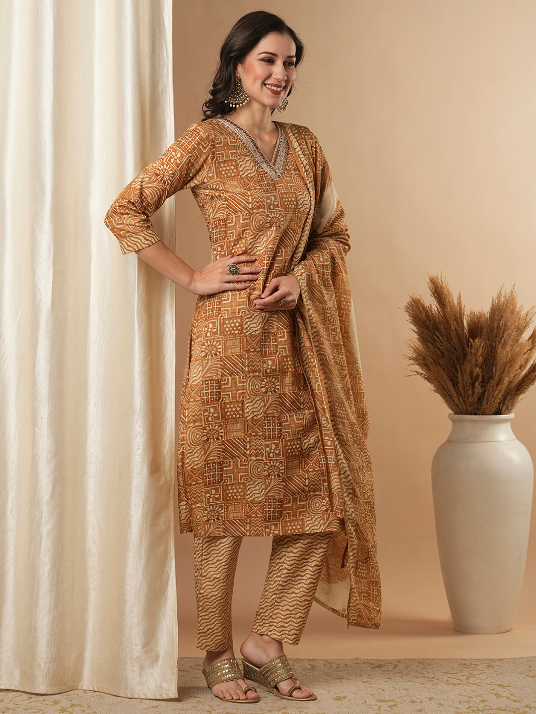 Ethnic Printed & Embroidered Straight Kurta with Pant & Dupatta - Brown