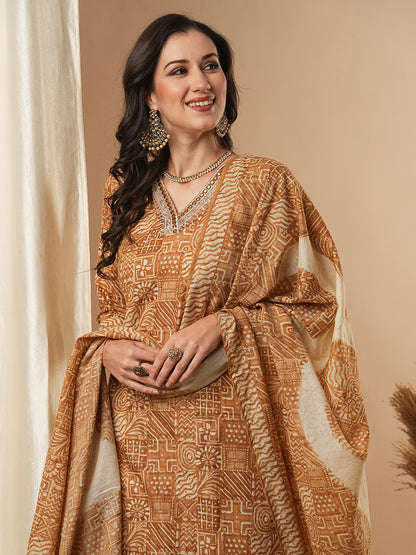 Ethnic Printed & Embroidered Straight Kurta with Pant & Dupatta - Brown