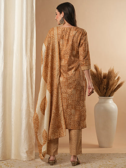 Ethnic Printed & Embroidered Straight Kurta with Pant & Dupatta - Brown