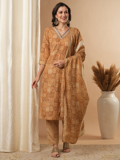 Ethnic Printed & Embroidered Straight Kurta with Pant & Dupatta - Brown