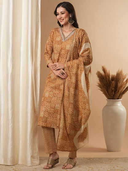 Ethnic Printed & Embroidered Straight Kurta with Pant & Dupatta - Brown