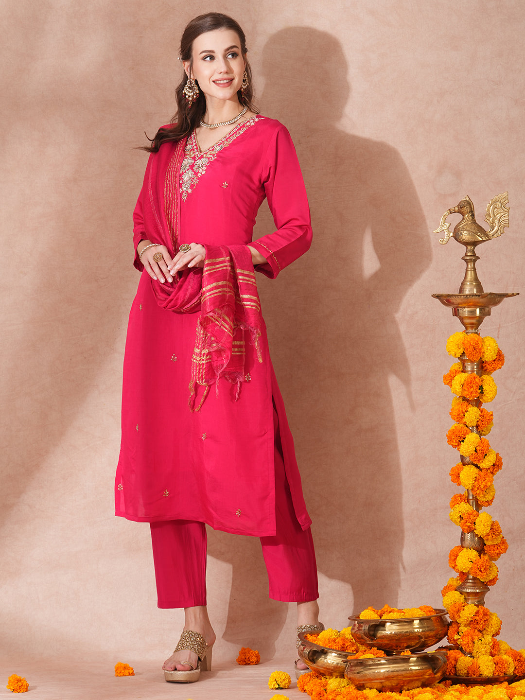 Solid Floral Hand Embroidered Straight Fit Kurta with Pant & Dupatta - Pink